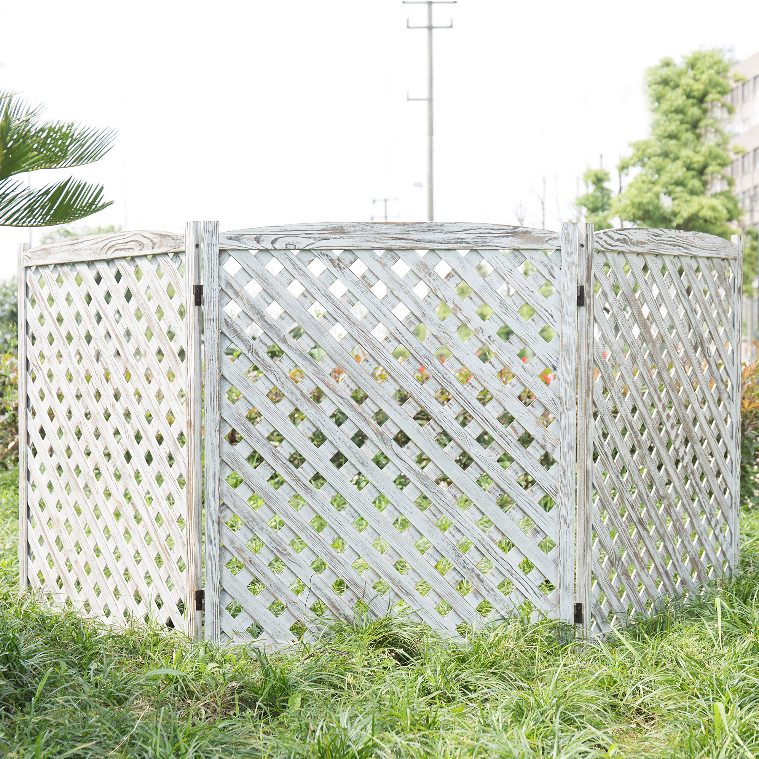 MyGift 3-Panel Garden Lattice Privacy Screen White Washed Wood